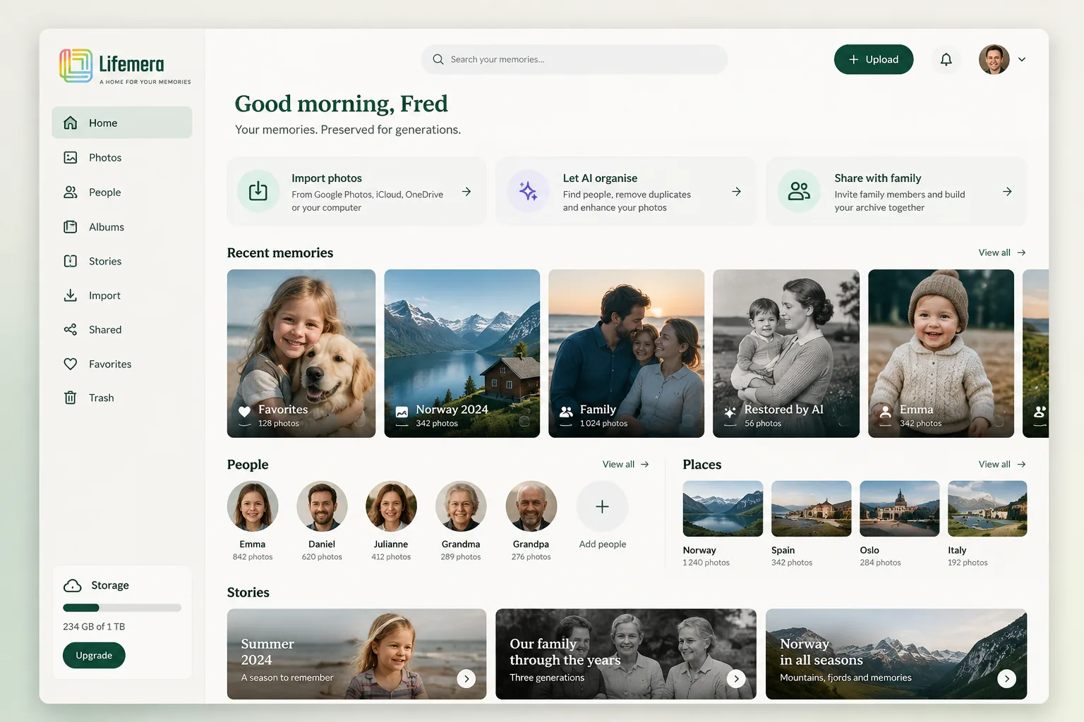 Hjemskjermen i Lifemera-appen, med meny for Bilder, Personer, Album og Historier, hurtigvalg for å importere bilder, la AI organisere og dele med familien, og en rutenettvisning av nylige minner