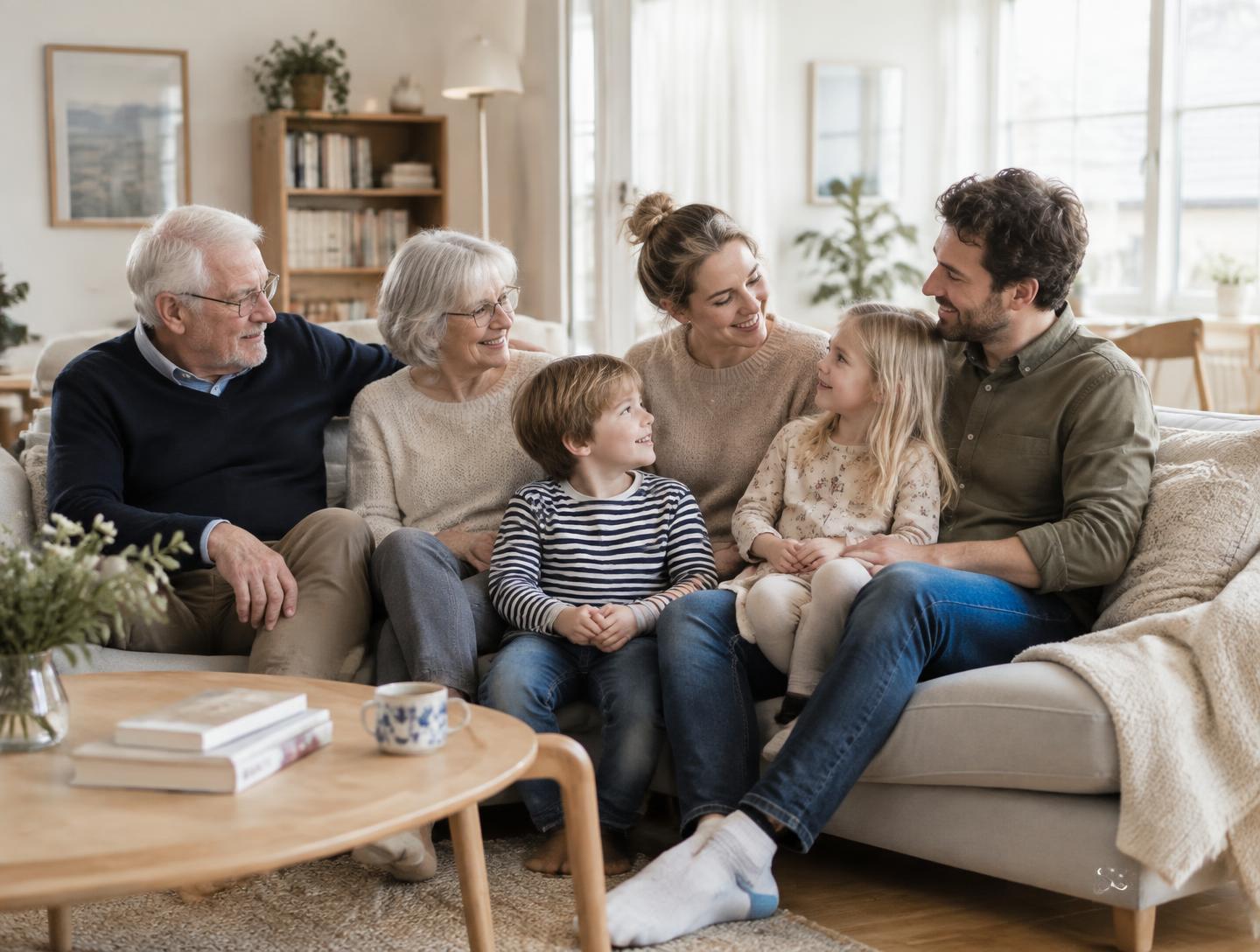 Grandparents, parents and children together in a bright living room