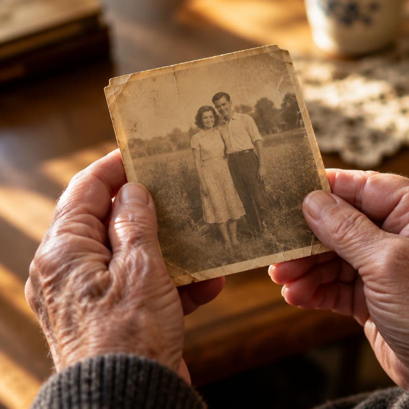 Elderly hands holding an old photograph