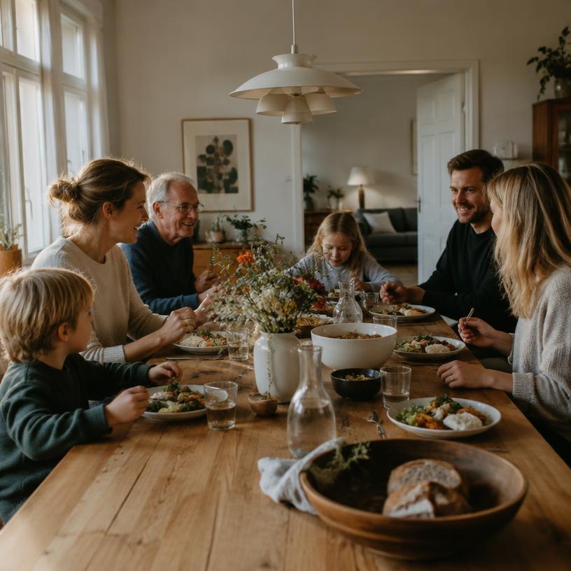 A family gathered around a long wooden table
