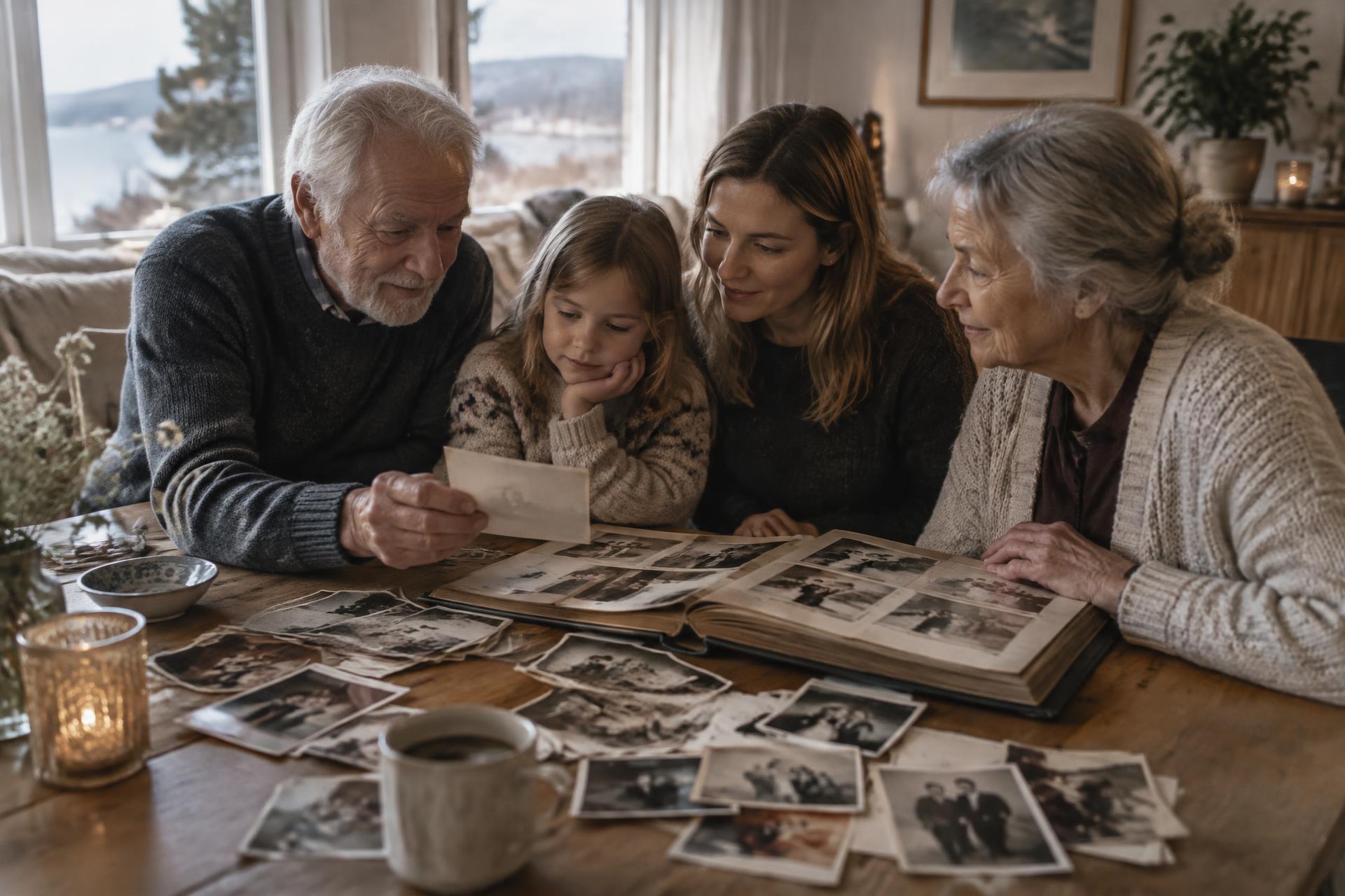 Four generations of a family looking through old photographs and a photo album around a table