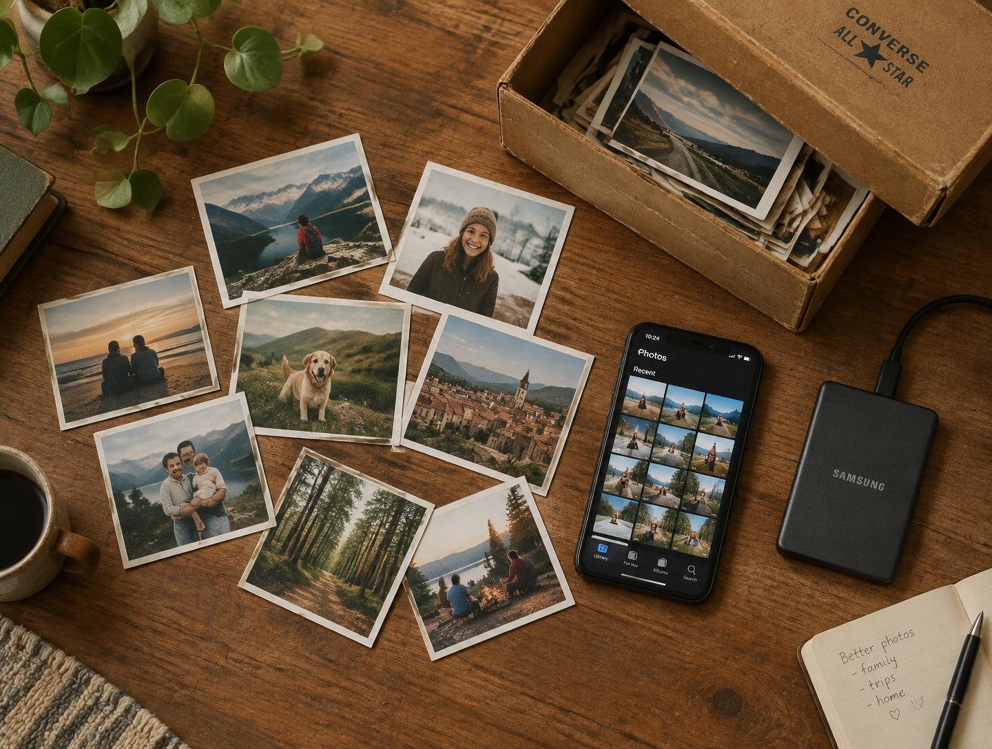 Photo prints, an old box, a phone and an external drive scattered across a wooden table